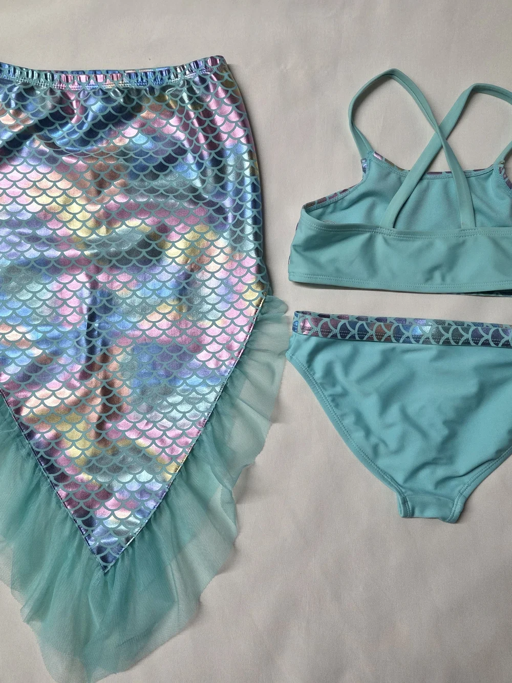 Girl's M (7/8) Wonder Nation Aqua 3pc Rainbow Metallic Foil Mermaid Swimsuit Set
